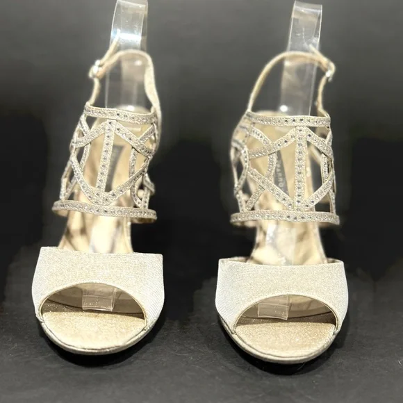Caparros Gold Silver Rhinestone Open Toe Ankle Strap Strappy 4” Heels Size 7.5 - Picture 6 of 16
